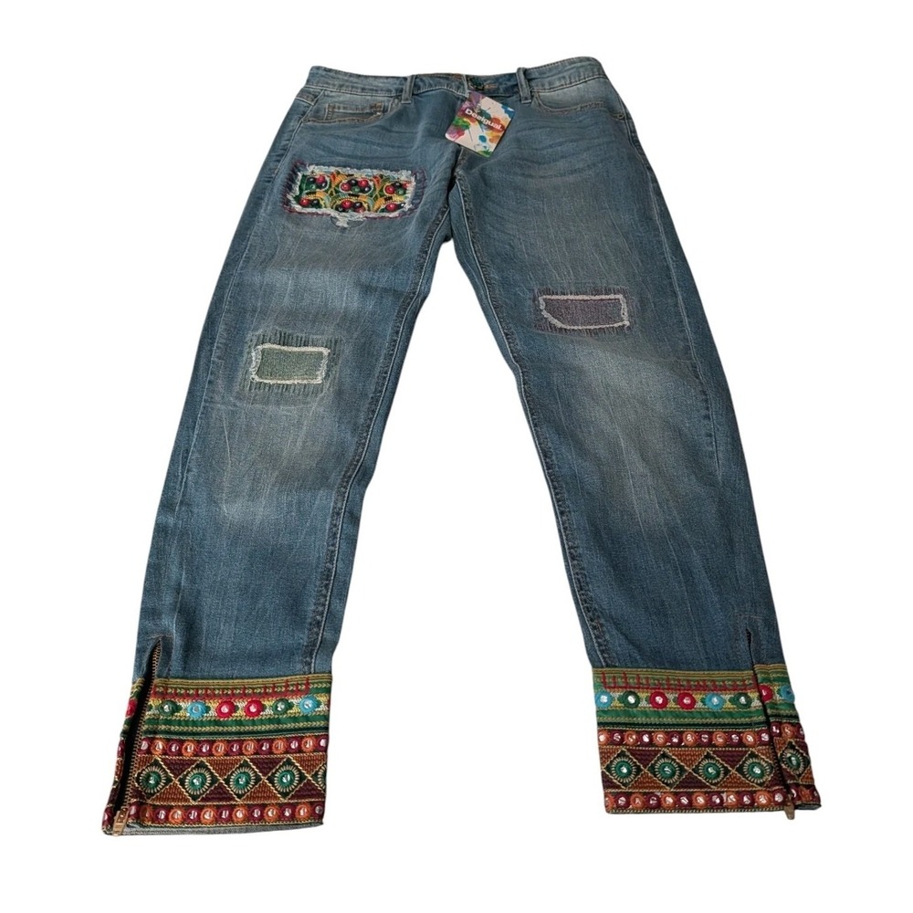 Desigual Ethnic Embroidered Ankle Jeans Boho Patchwork Denim 30 Hippie Art NWT